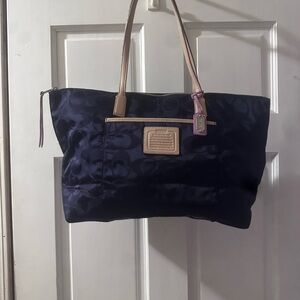 Coach Navy Signature Tote with Beige Trim and Pink Tag